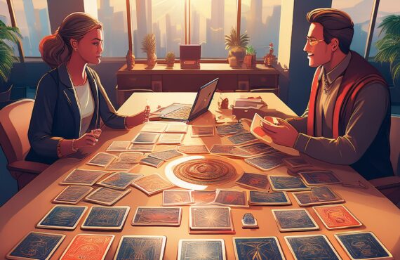 Un bureau d'entreprise avec des cartes de tarot disposées sur une table