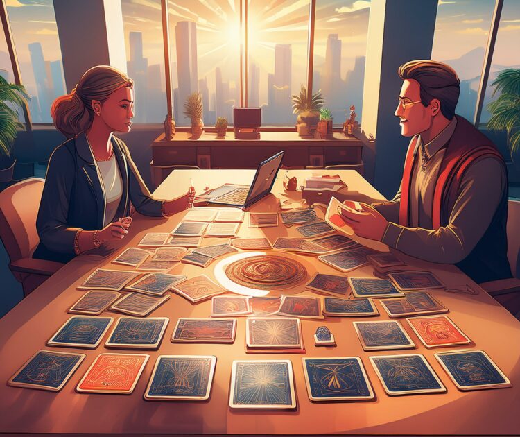 Un bureau d'entreprise avec des cartes de tarot disposées sur une table