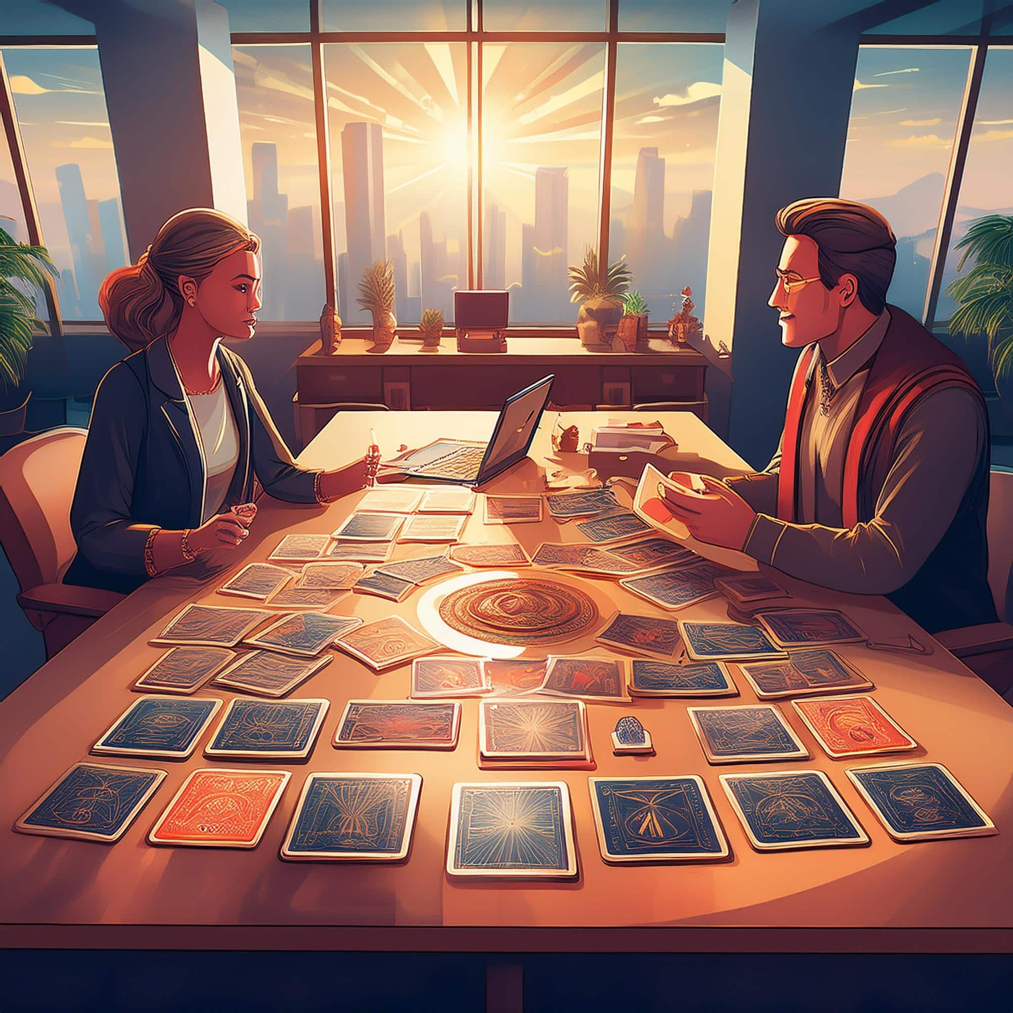 Un bureau d'entreprise avec des cartes de tarot disposées sur une table