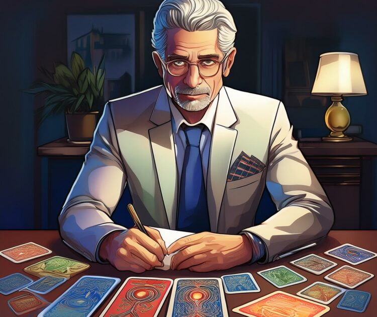 Un consultant assis à son bureau avec des cartes de tarot étalées devant lui