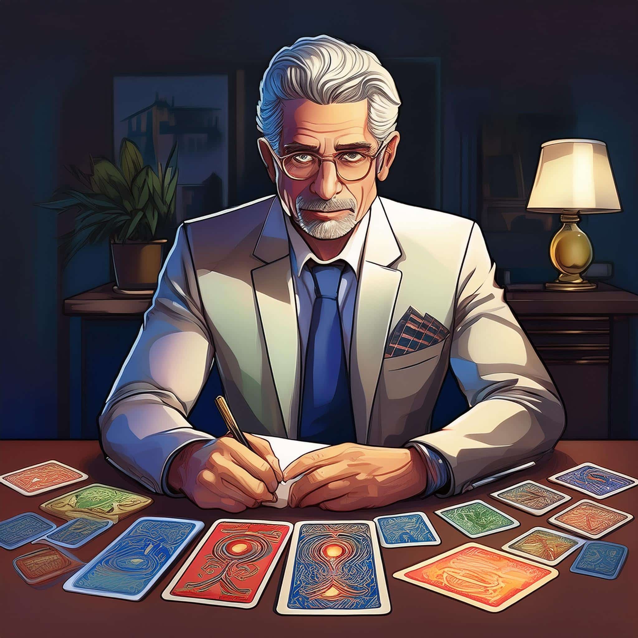 Un consultant assis à son bureau avec des cartes de tarot étalées devant lui