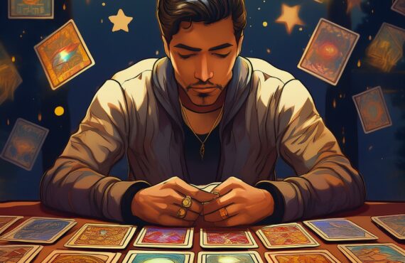Un individu assis à une table, avec une expression de fatigue, face à des cartes de tarot étalées