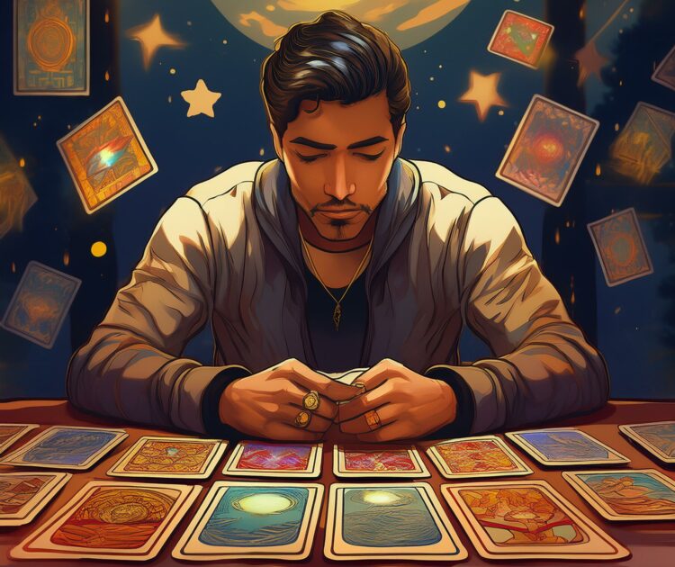 Un individu assis à une table, avec une expression de fatigue, face à des cartes de tarot étalées