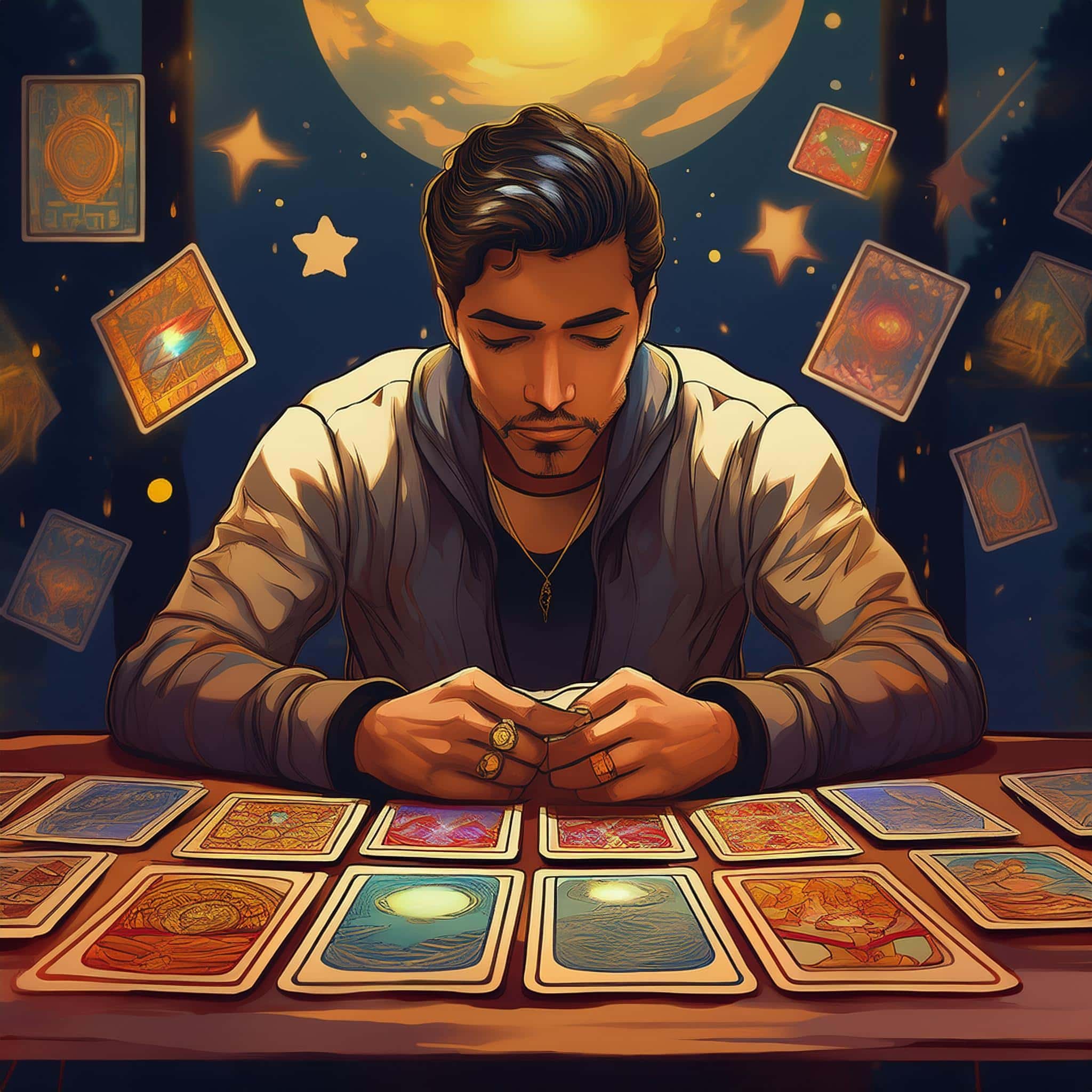Un individu assis à une table, avec une expression de fatigue, face à des cartes de tarot étalées