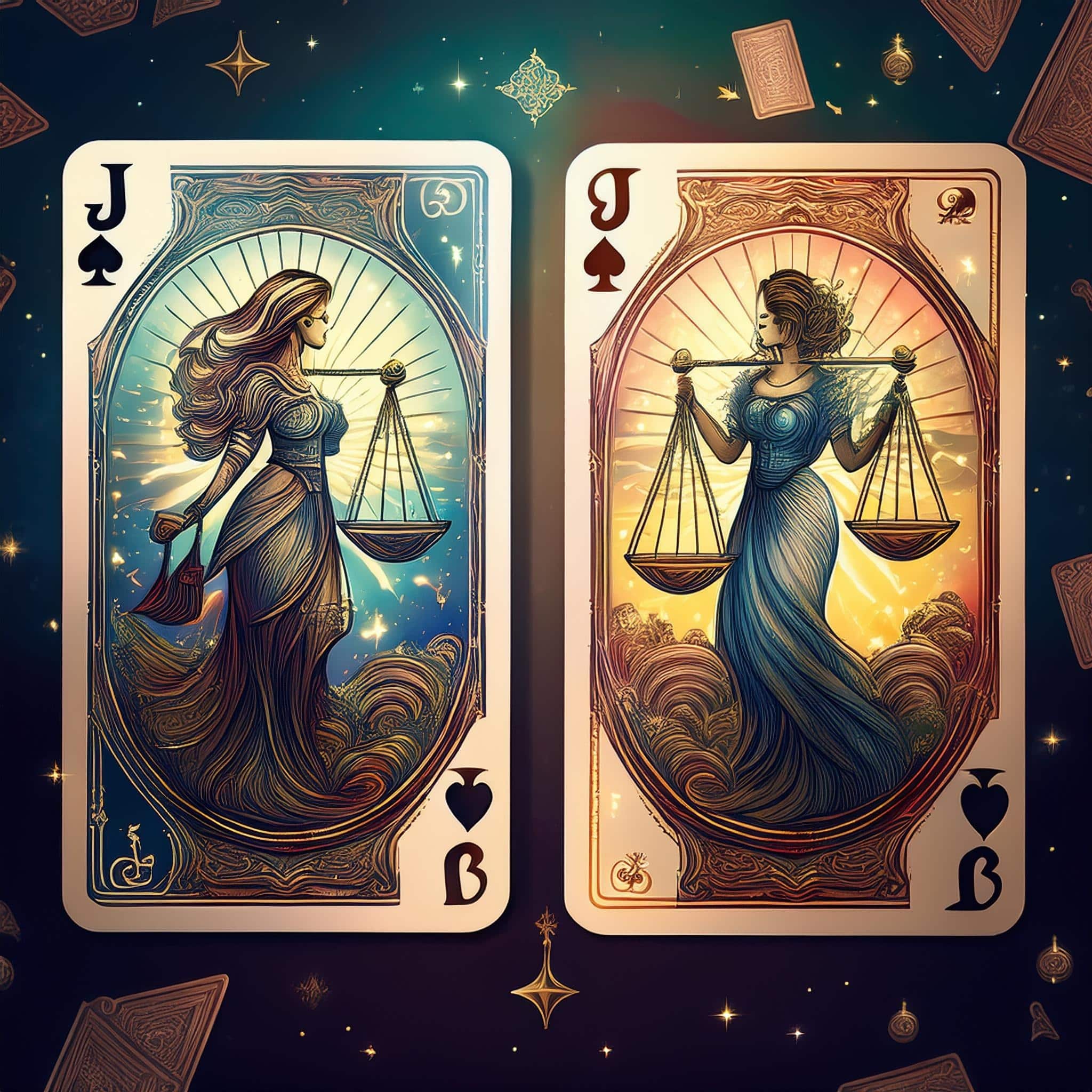 Deux offres d’emploi représentées sous forme de cartes, avec un jeu de tarot au centre
