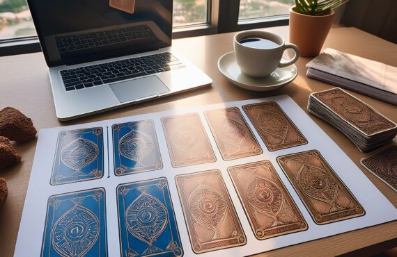 Un bureau lumineux avec des cartes de tarot étalées, un ordinateur portable ouvert sur un plan d'affaires