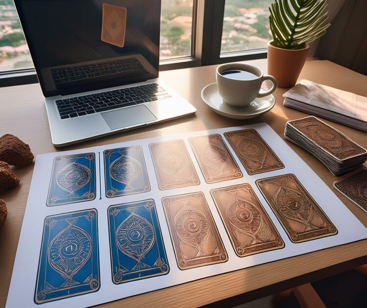 Un bureau lumineux avec des cartes de tarot étalées, un ordinateur portable ouvert sur un plan d'affaires