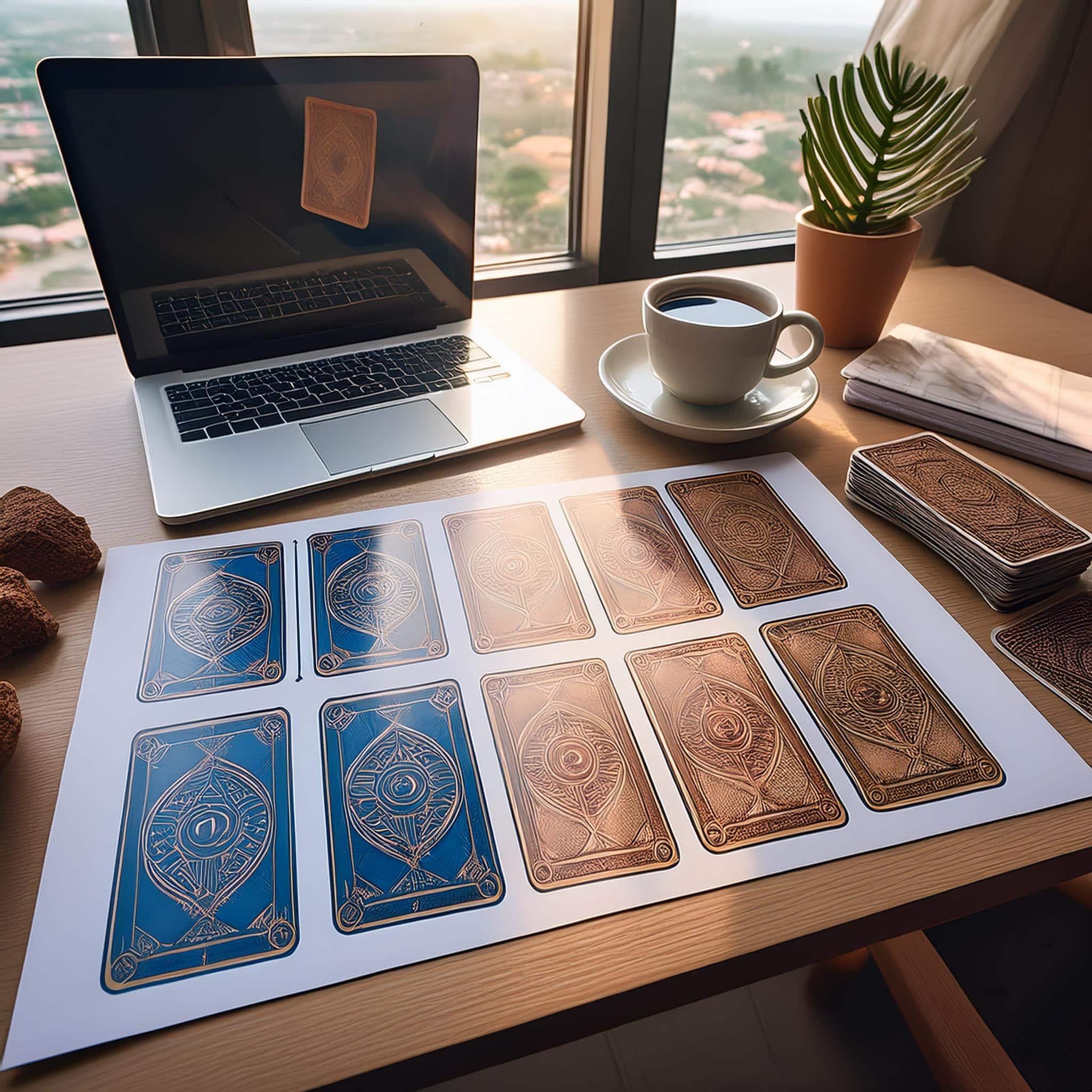 Un bureau lumineux avec des cartes de tarot étalées, un ordinateur portable ouvert sur un plan d'affaires