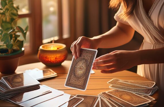 Un cadre chaleureux dans une pièce méditerranéenne avec des cartes de tarot étalées sur une table