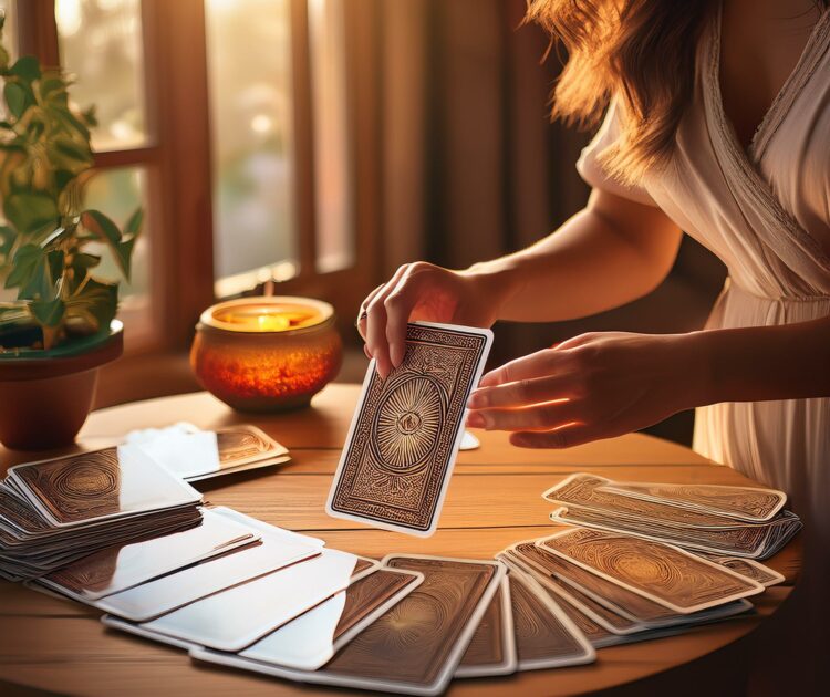 Un cadre chaleureux dans une pièce méditerranéenne avec des cartes de tarot étalées sur une table