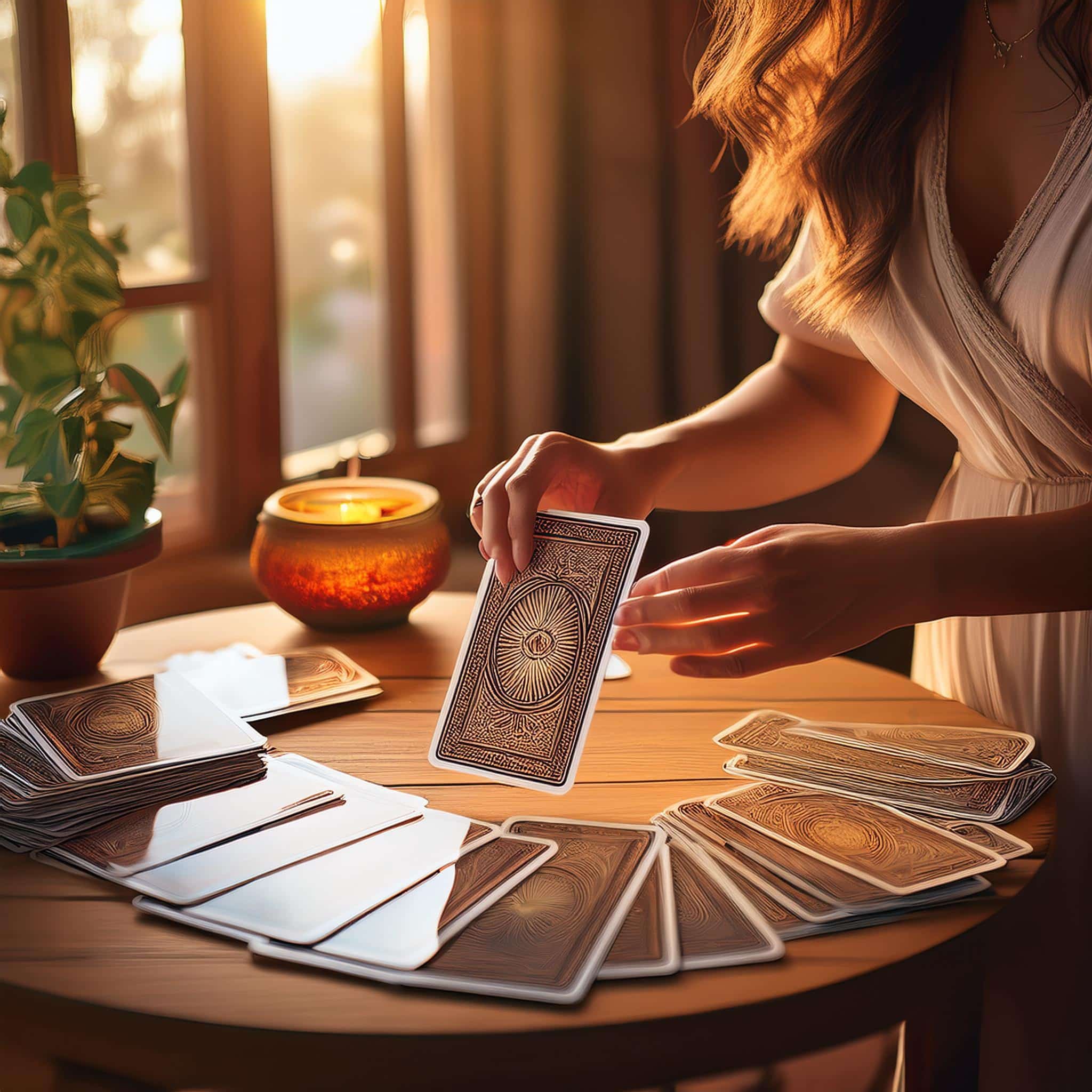 Un cadre chaleureux dans une pièce méditerranéenne avec des cartes de tarot étalées sur une table