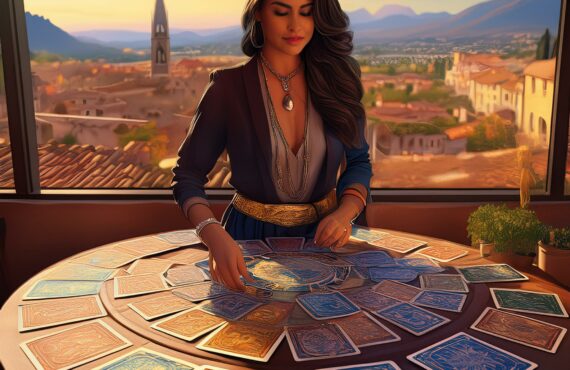 Un entrepreneur debout face à une table où des cartes de tarot sont disposées, symbolisant des choix
