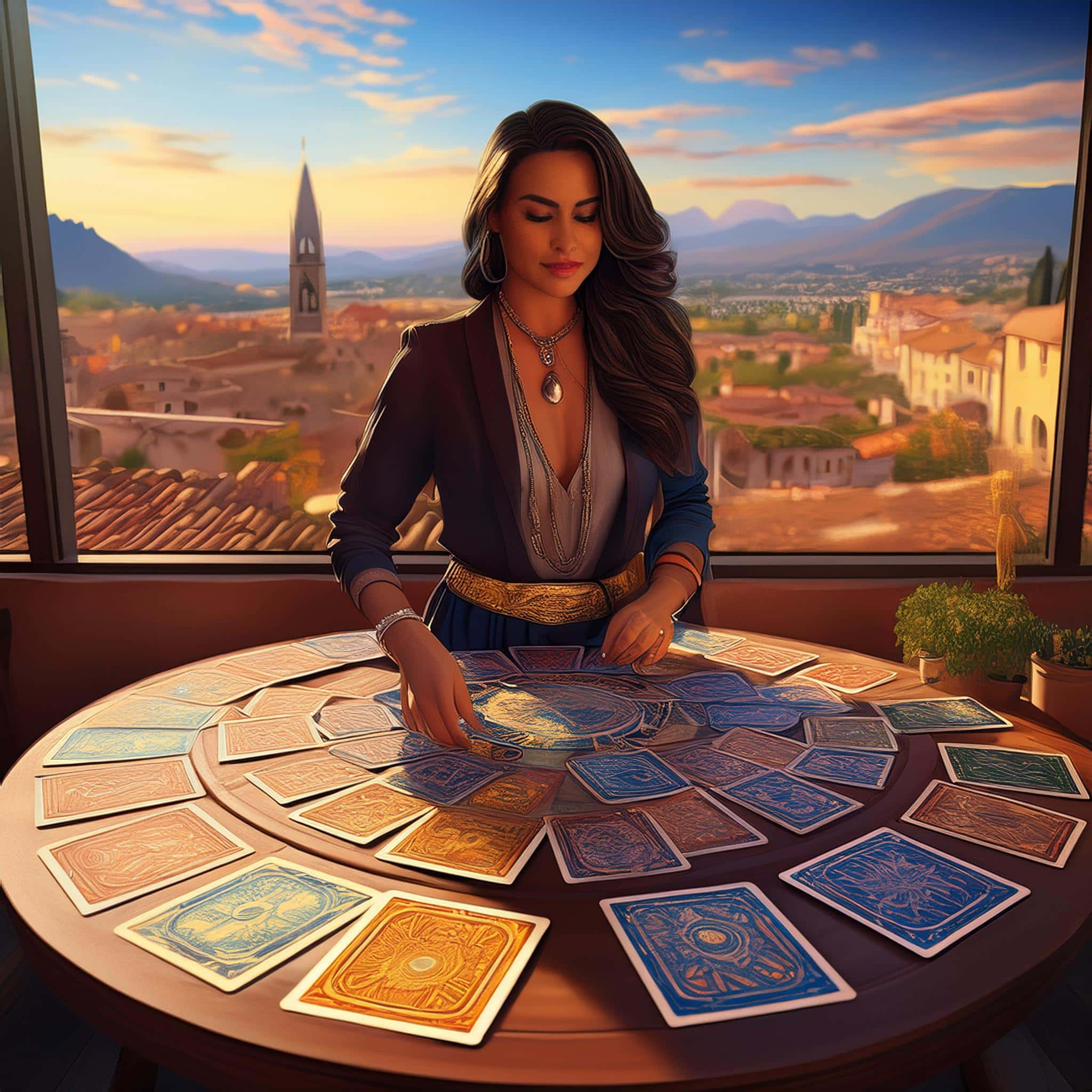 Un entrepreneur debout face à une table où des cartes de tarot sont disposées, symbolisant des choix