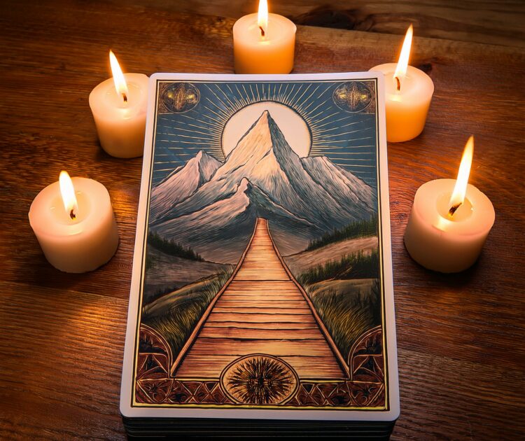 Un jeu de tarot posé sur une table en bois, entouré de bougies, avec une carte centrale