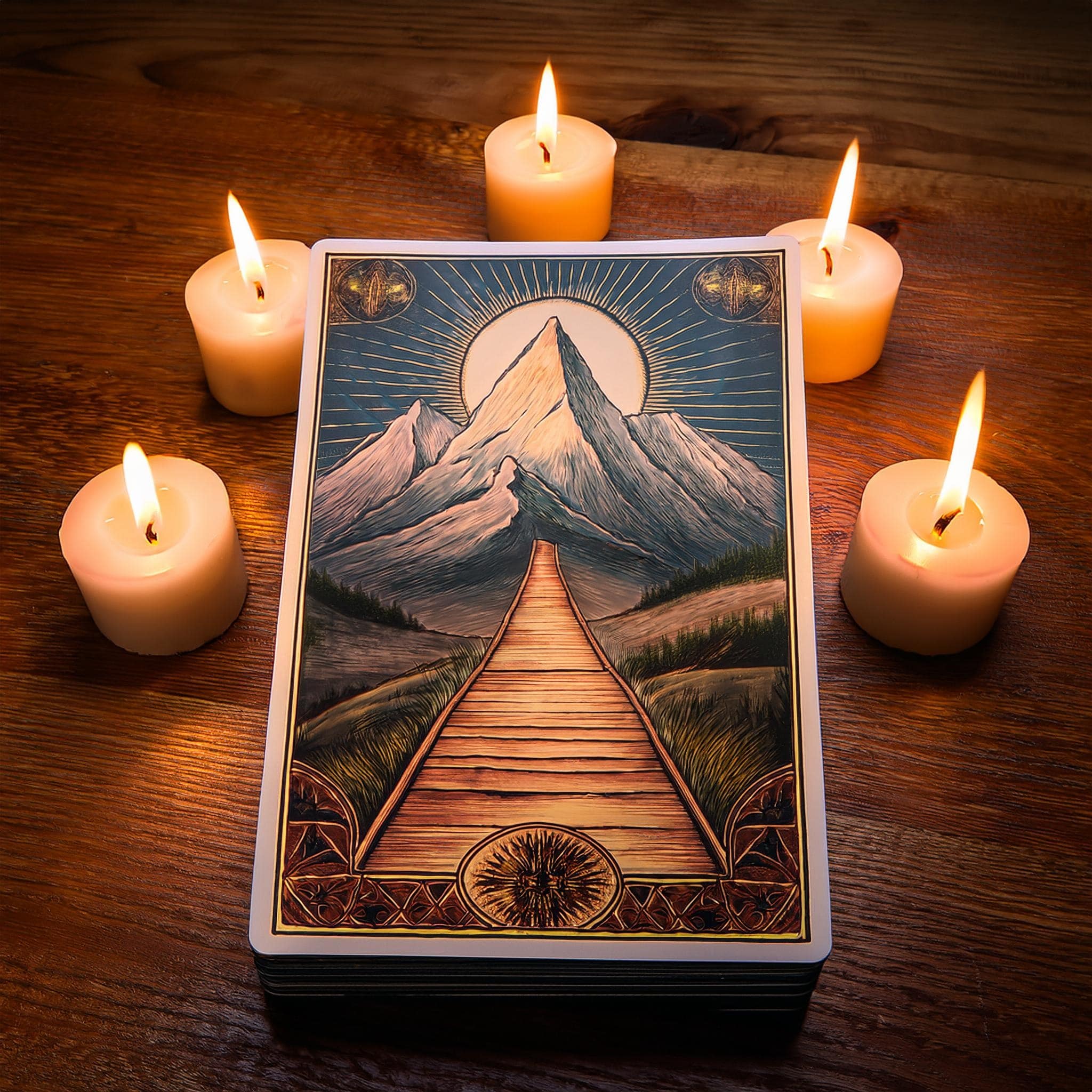 Un jeu de tarot posé sur une table en bois, entouré de bougies, avec une carte centrale