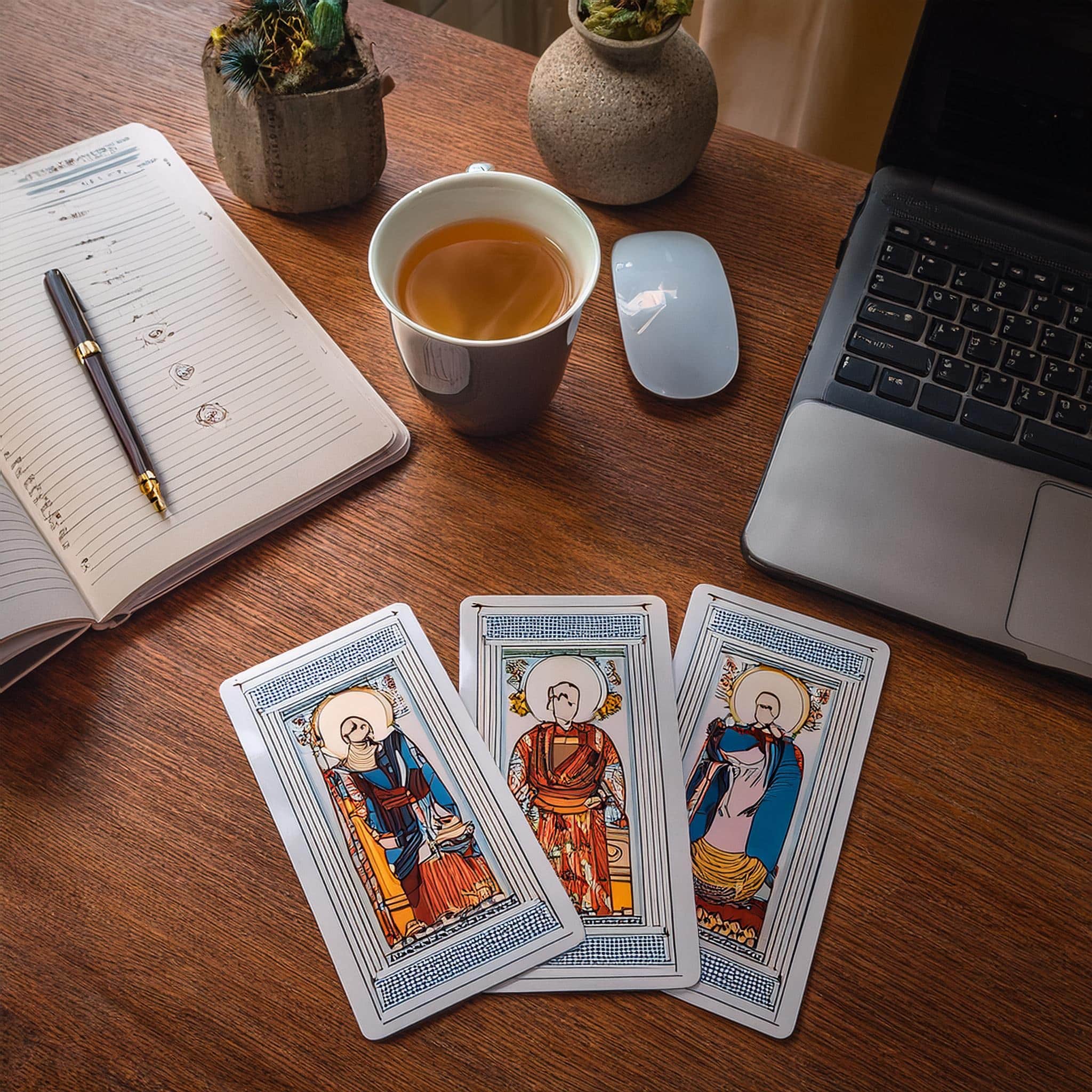 Un jeu de tarot posé sur une table entourée d'objets symboliques de vie personnelle