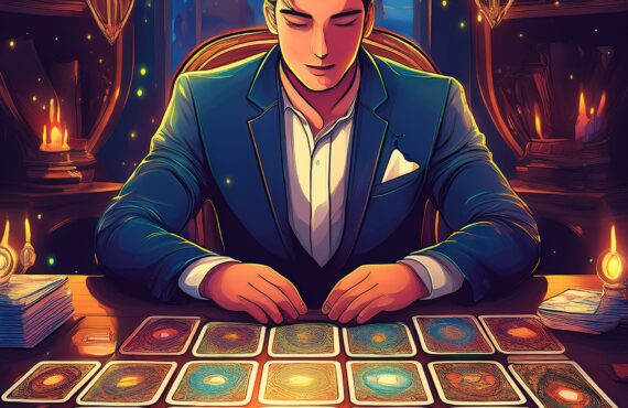 Un professionnel en pleine réflexion devant un bureau, avec un jeu de tarot ouvert à côté