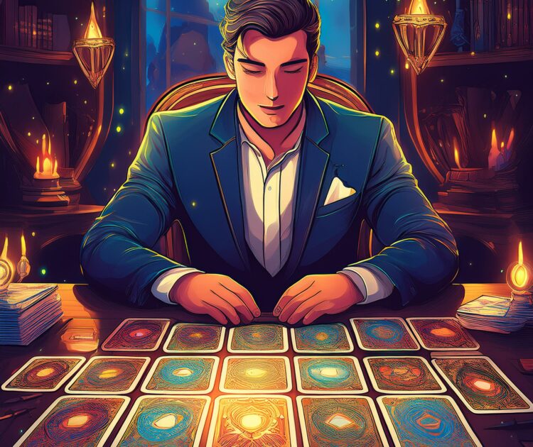 Un professionnel en pleine réflexion devant un bureau, avec un jeu de tarot ouvert à côté