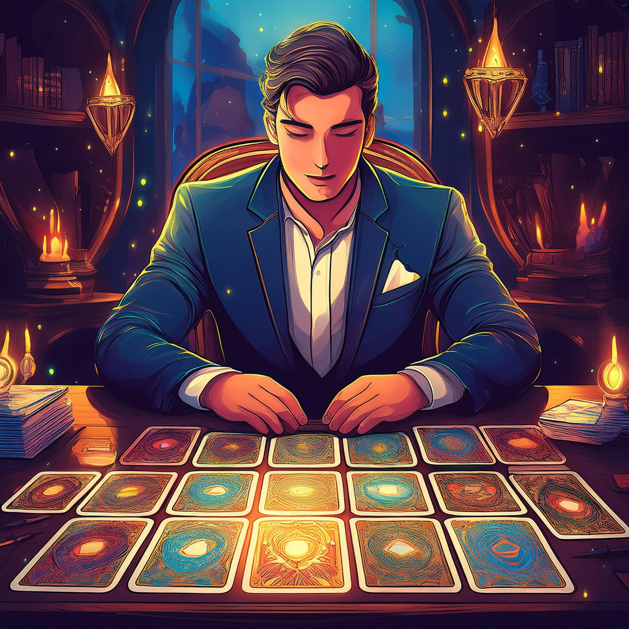 Un professionnel en pleine réflexion devant un bureau, avec un jeu de tarot ouvert à côté
