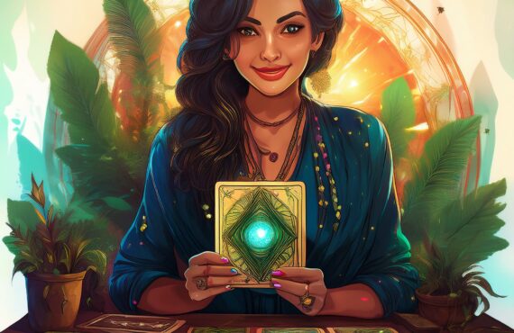 Une entrepreneure en Occitanie tenant une carte de tarot, entourée d’un bureau moderne