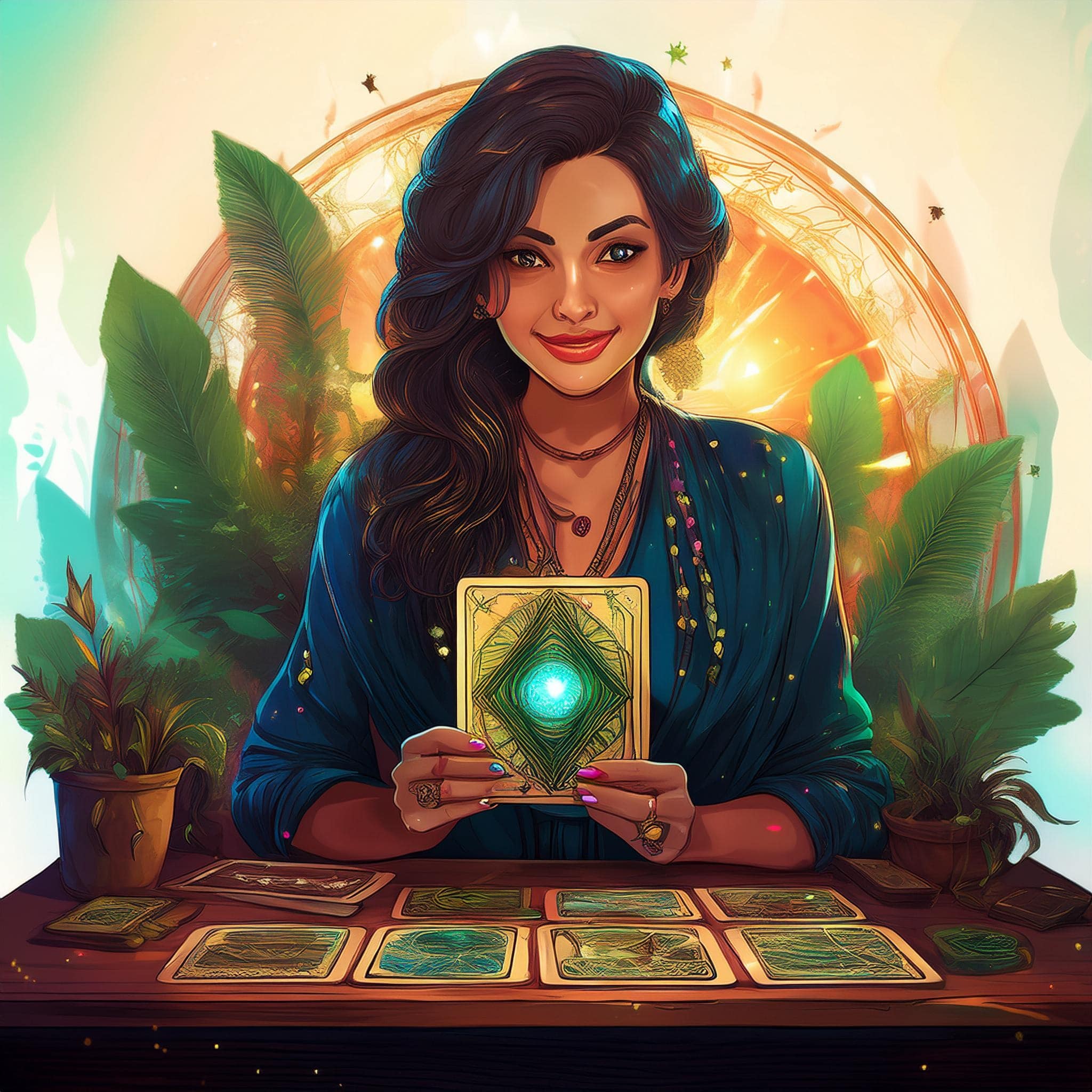 Une entrepreneure en Occitanie tenant une carte de tarot, entourée d’un bureau moderne