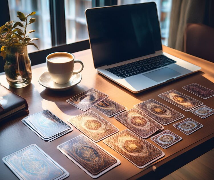 Une table élégante sur laquelle repose un jeu de tarot, entouré de symboles professionnels