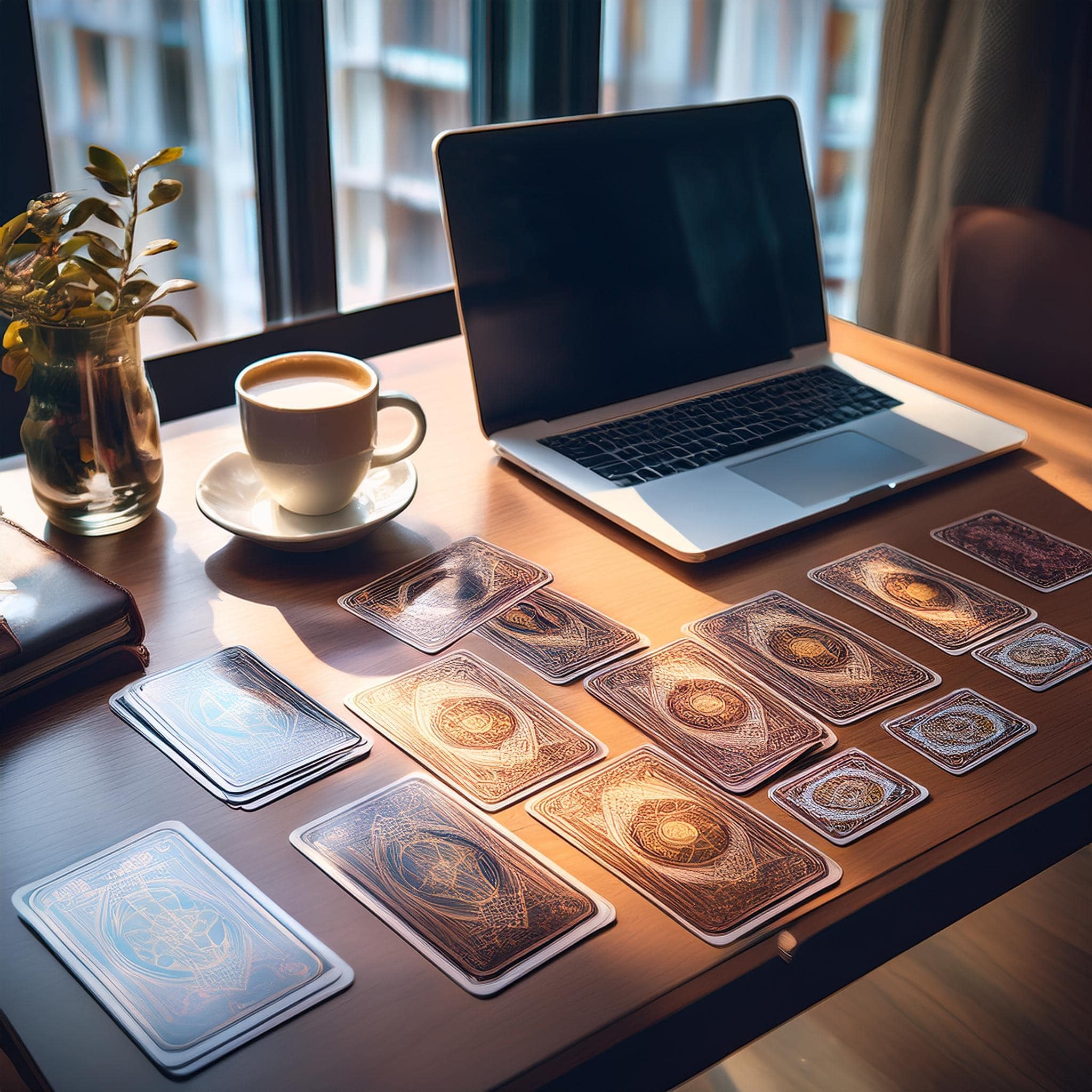 Une table élégante sur laquelle repose un jeu de tarot, entouré de symboles professionnels