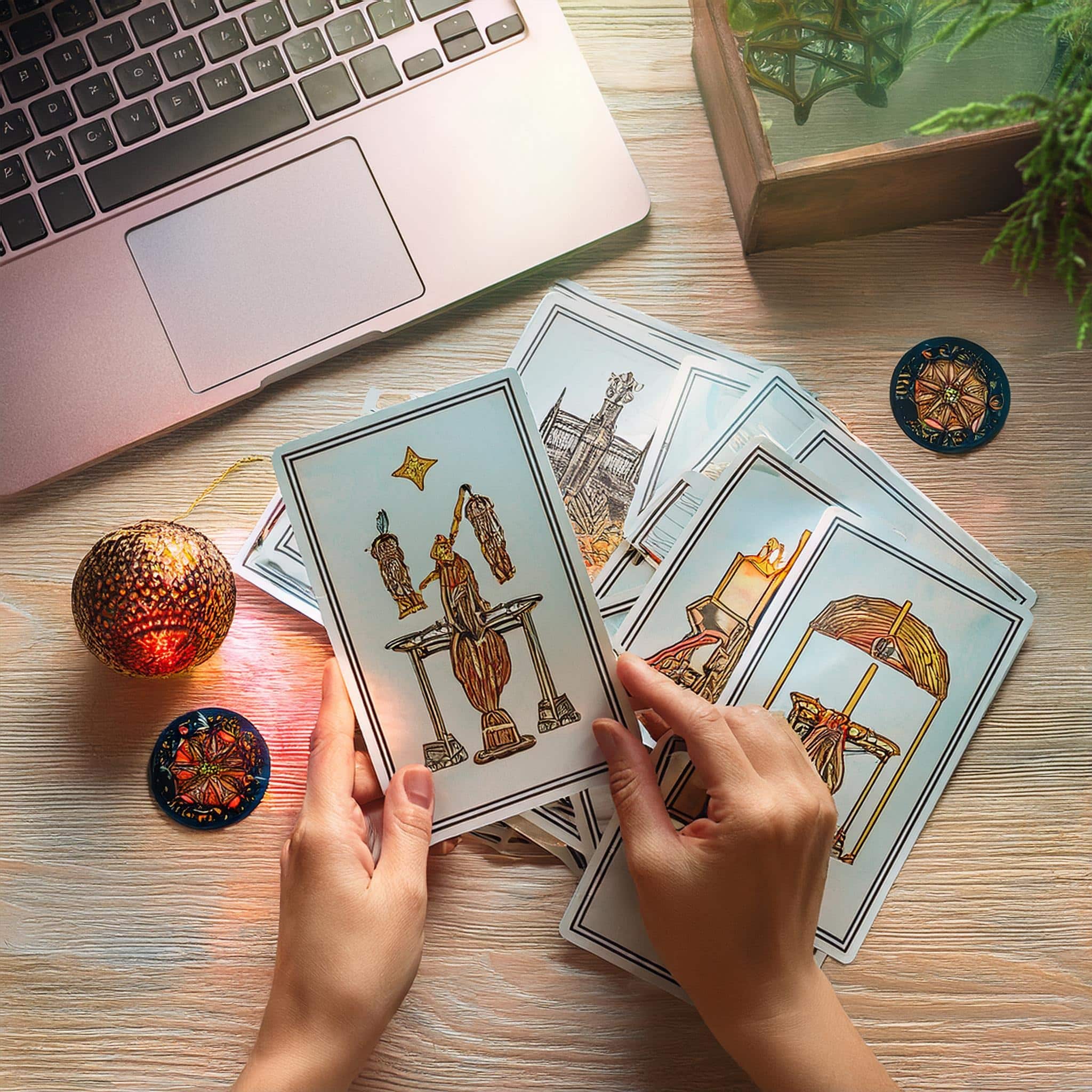 Une table lumineuse avec un jeu de tarot étalé, des cartes représentant des symboles