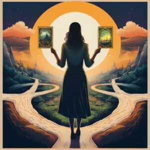 Illustration symbolique représentant une personne au centre d'une croisée des chemins