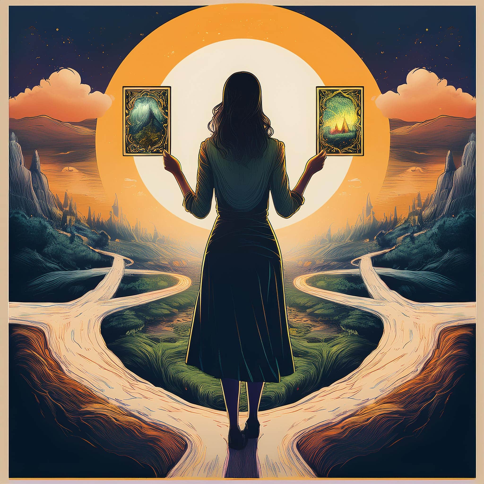 Illustration symbolique représentant une personne au centre d'une croisée des chemins