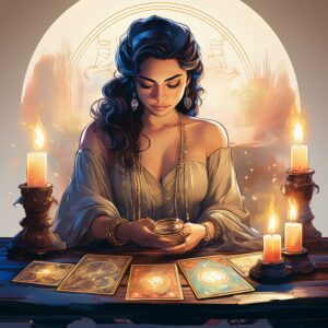 Une illustration apaisante représentant un tirage de tarot dans une ambiance calme et réconfortante