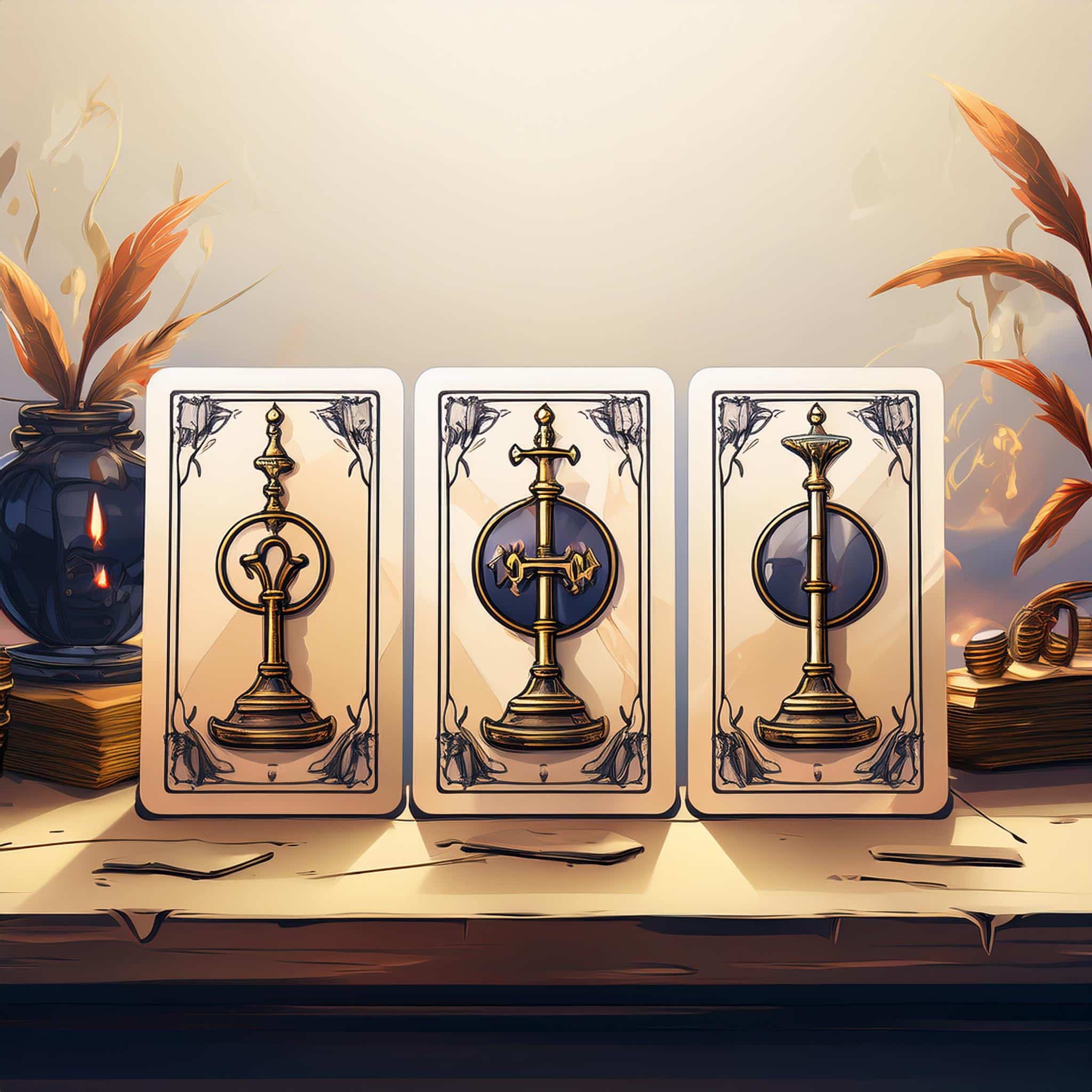 Une image élégante et minimaliste représentant trois cartes de tarot alignées sur un bureau moderne