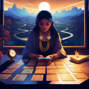 Une image évocatrice mettant en scène un tirage de tarot centré sur une personne réfléchissant