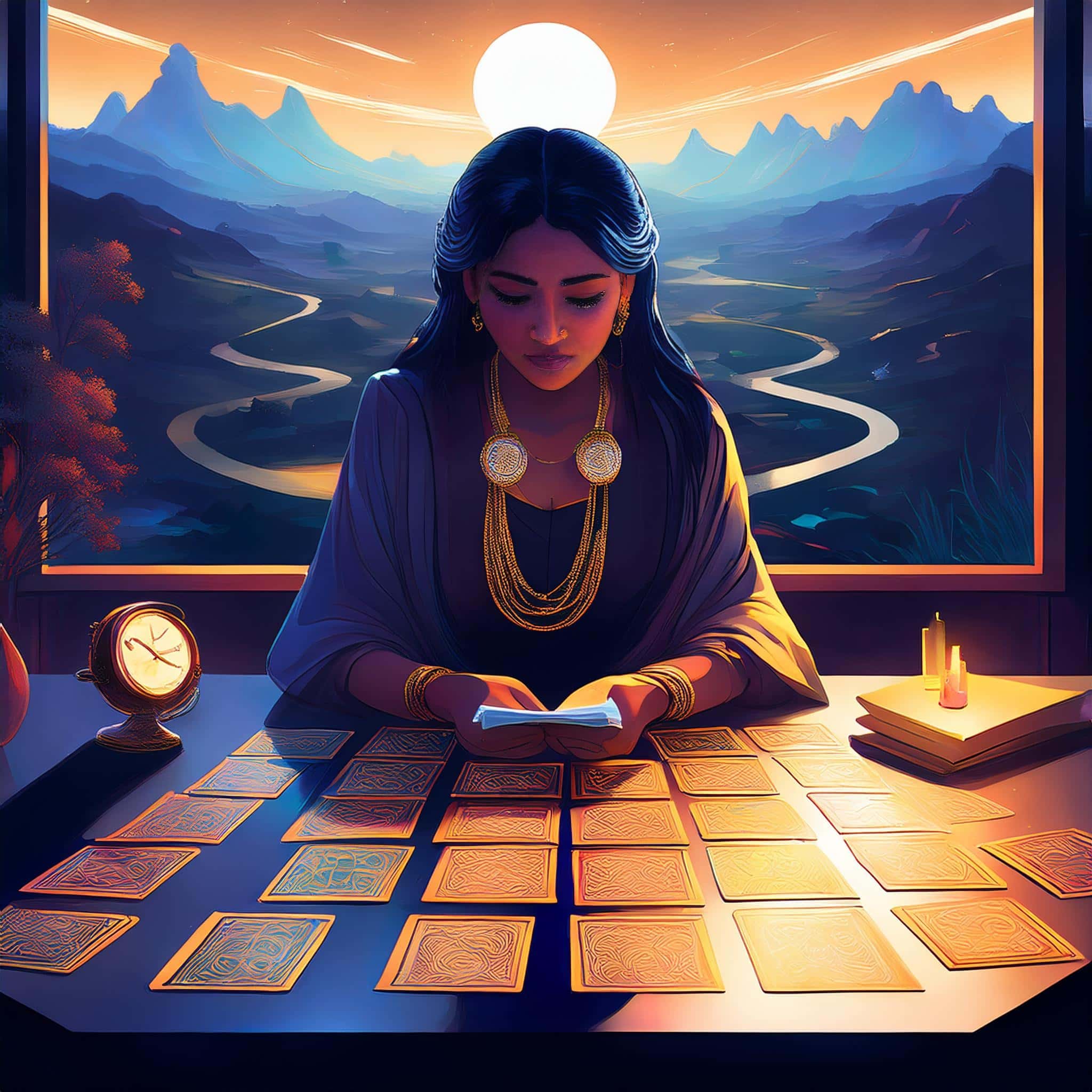 Une image évocatrice mettant en scène un tirage de tarot centré sur une personne réfléchissant