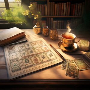 Une scène apaisante représentant un bureau organisé avec des cartes de tarot élégamment disposées