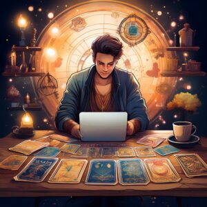 Une scène dynamique illustrant un tirage de tarot dans un contexte entrepreneurial
