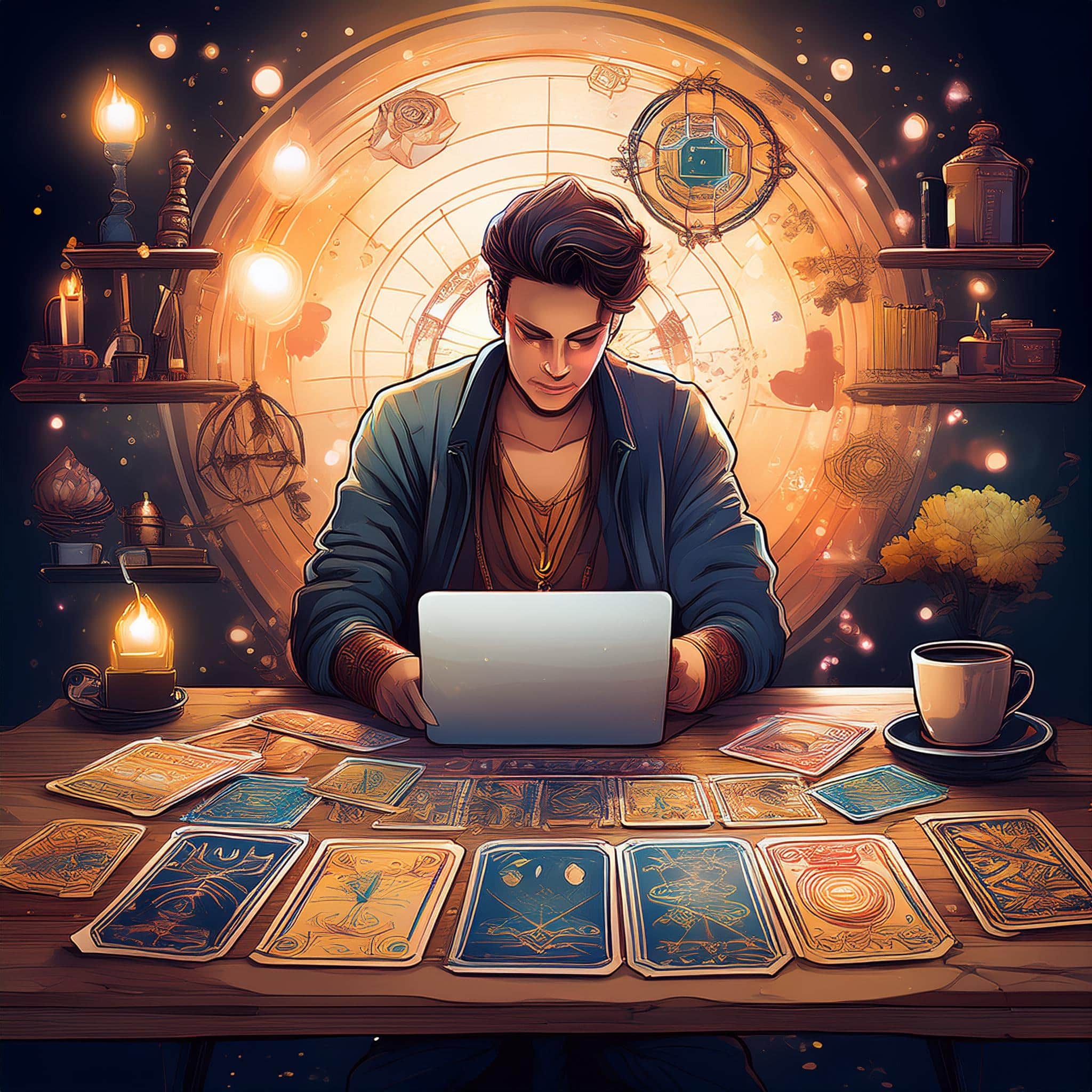Une scène dynamique illustrant un tirage de tarot dans un contexte entrepreneurial