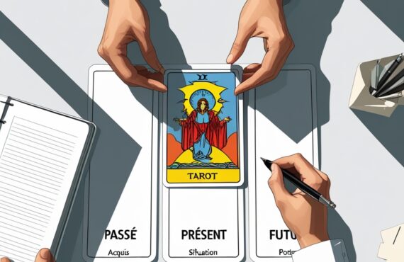 Les Mains Dune Personne Sont Montrees Dun Point De Vue Descendant En Placant Trois Cartes De Tarot Sur Une Ligne Horizontale Sur Un Bureau Minimaliste