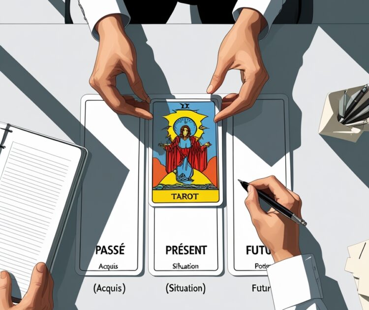 Les Mains Dune Personne Sont Montrees Dun Point De Vue Descendant En Placant Trois Cartes De Tarot Sur Une Ligne Horizontale Sur Un Bureau Minimaliste