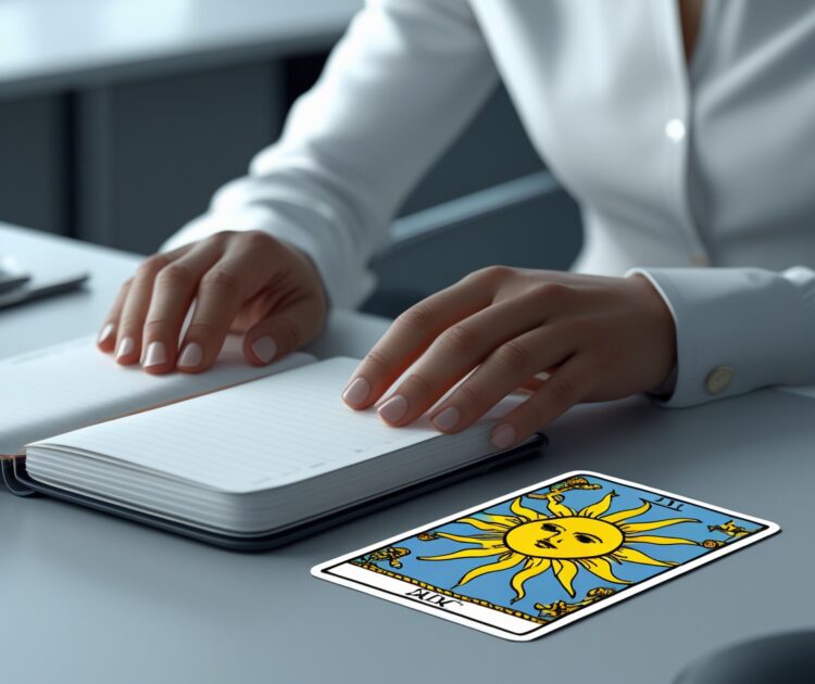 Les Mains Dune Personne Sont Posees Sur Un Cahier Ferme Sur Un Bureau Elegant Et Moderne