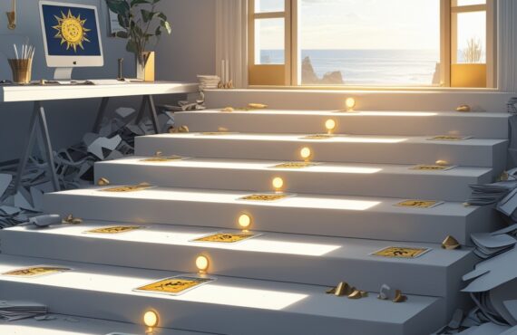 Une Image Conceptuelle Montrant Un Parcours Clair Et Structure Compose De Sept Pierres De Gue Menant Dun Bureau Chaotique Et Desordonne