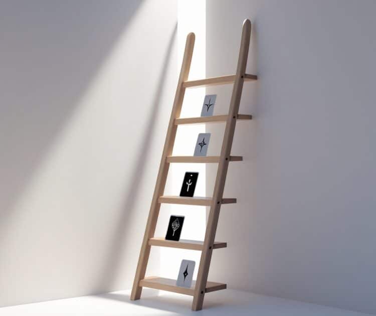 Une Echelle En Bois Simple Et Elegante Adossee A Un Mur Blanc Et Epure Dont Le Sommet Disparait Dans Une Lumiere Douce Et Brillante