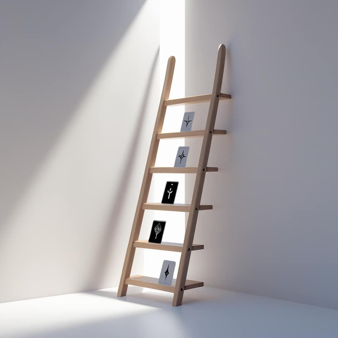 Une Echelle En Bois Simple Et Elegante Adossee A Un Mur Blanc Et Epure Dont Le Sommet Disparait Dans Une Lumiere Douce Et Brillante