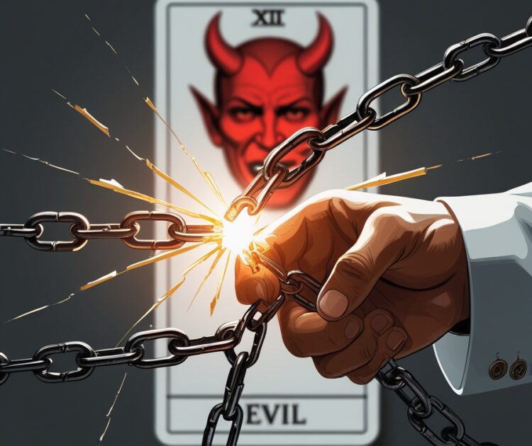 En Arriere Plan Floue Mais Visible Se Trouve La Carte De Tarot Du Diable