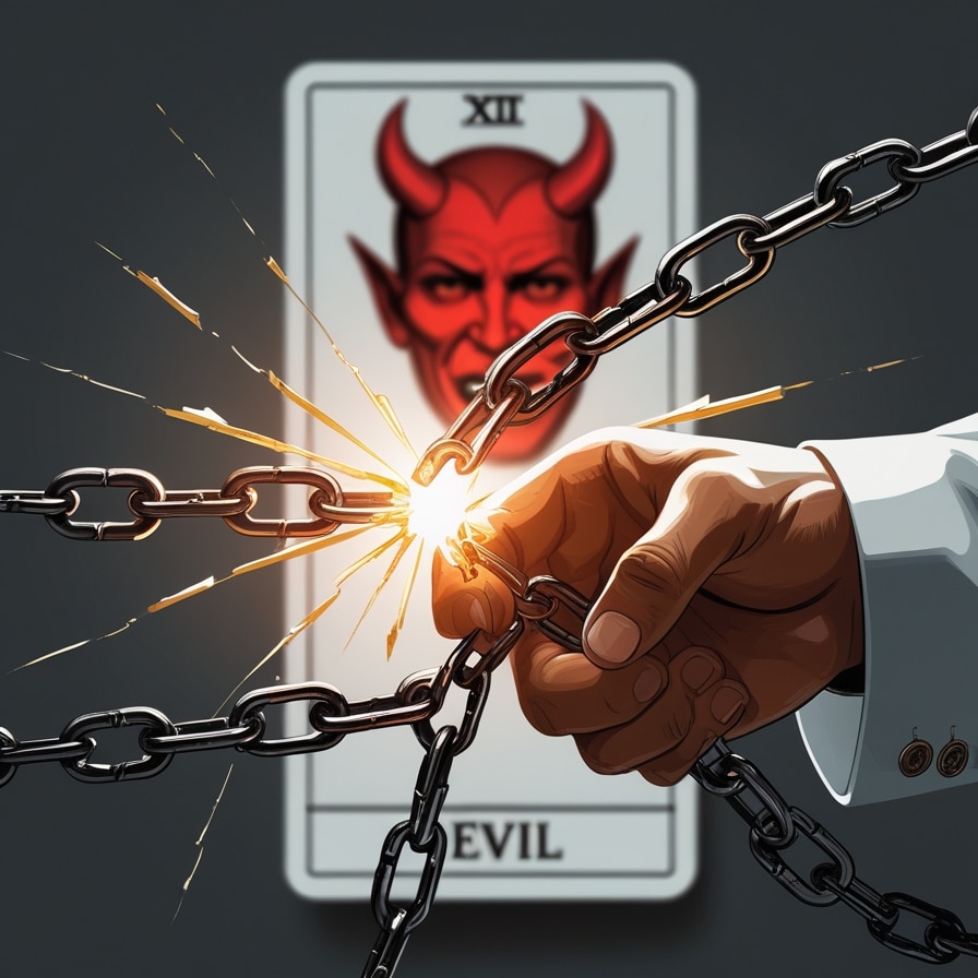 En Arriere Plan Floue Mais Visible Se Trouve La Carte De Tarot Du Diable