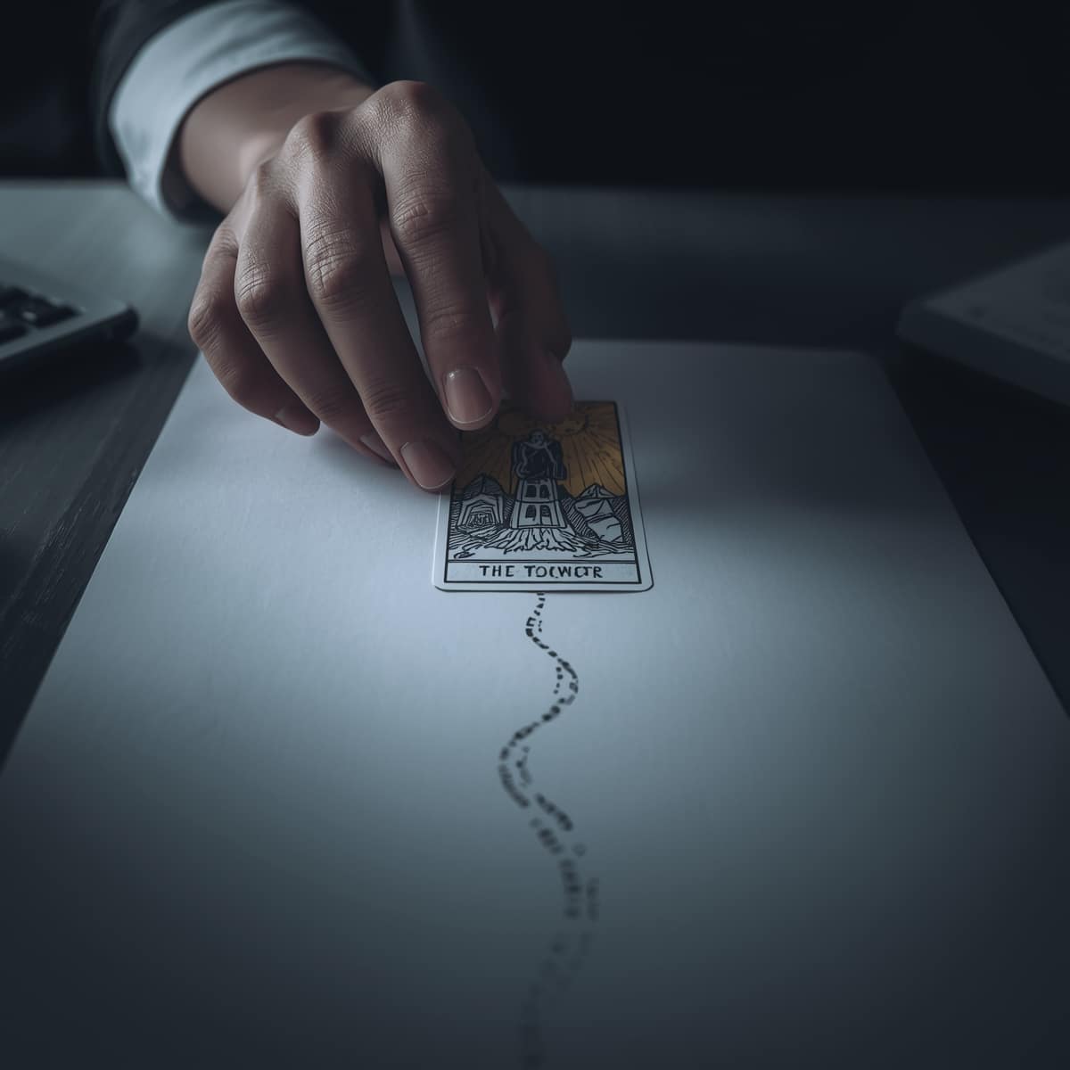 La Main D’une Personne Est Montrée Planant Au Dessus D’une Seule Carte De Tarot Cruciale