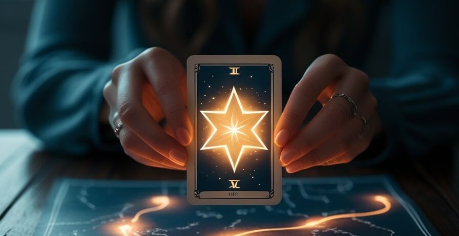 Photographie Cinématographique, Les Mains D’une Femme Tenant Doucement Une Seule Carte De Tarot