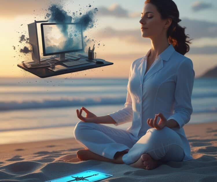 Une Femme Professionnelle Médite Paisiblement Sur Une Belle Plage Sereine Au Coucher Du Soleil