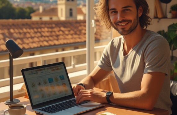 Un Pigiste Travaille à Un Bureau Baigné De Soleil Dans Un Magnifique Appartement Avec Vue Sur Les Toits De Perpignan