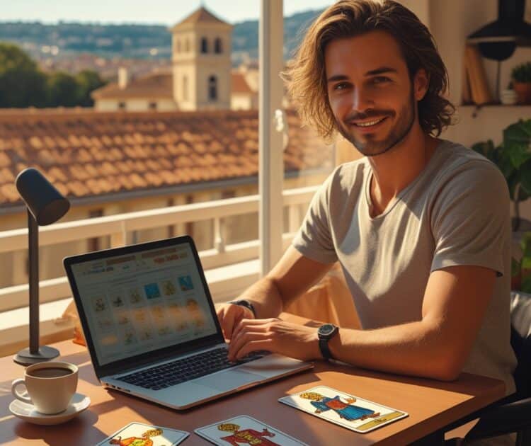Un Pigiste Travaille à Un Bureau Baigné De Soleil Dans Un Magnifique Appartement Avec Vue Sur Les Toits De Perpignan